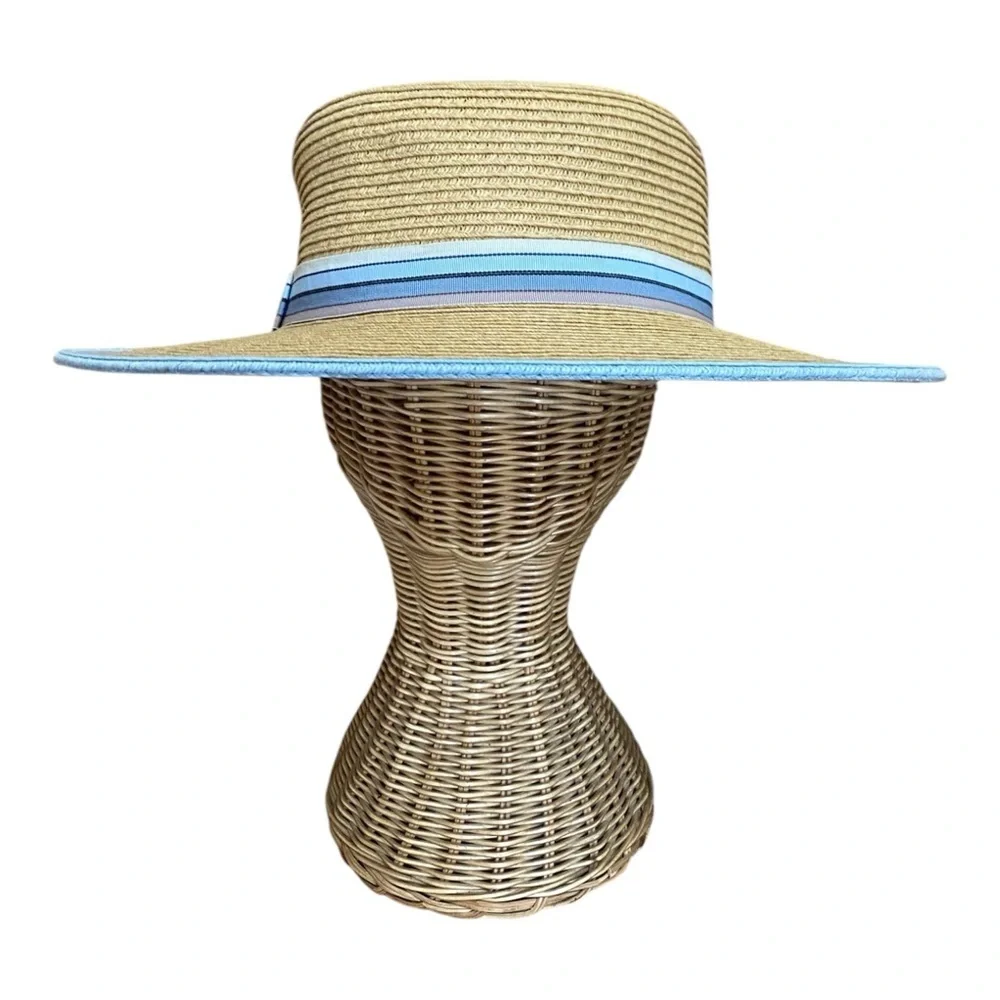 Karen Keith 3 Inch Brim Straw Sun Hat Size Medium Summer Beach Blue Ribbon